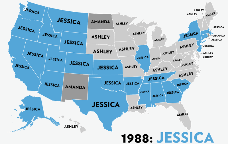 Illustration for article titled Map: Six Decades of the Most Popular Names for Girls, State-by-State